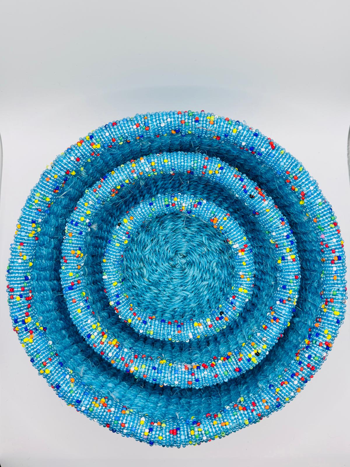 Oceanic Blue Beaded Woven Basket Set
