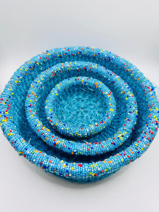 Oceanic Blue Beaded Woven Basket Set