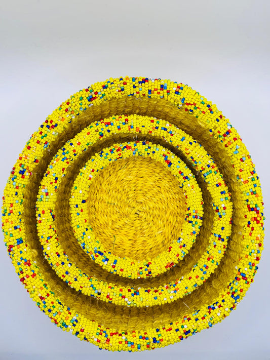 Yellow Beaded Woven Basket Set