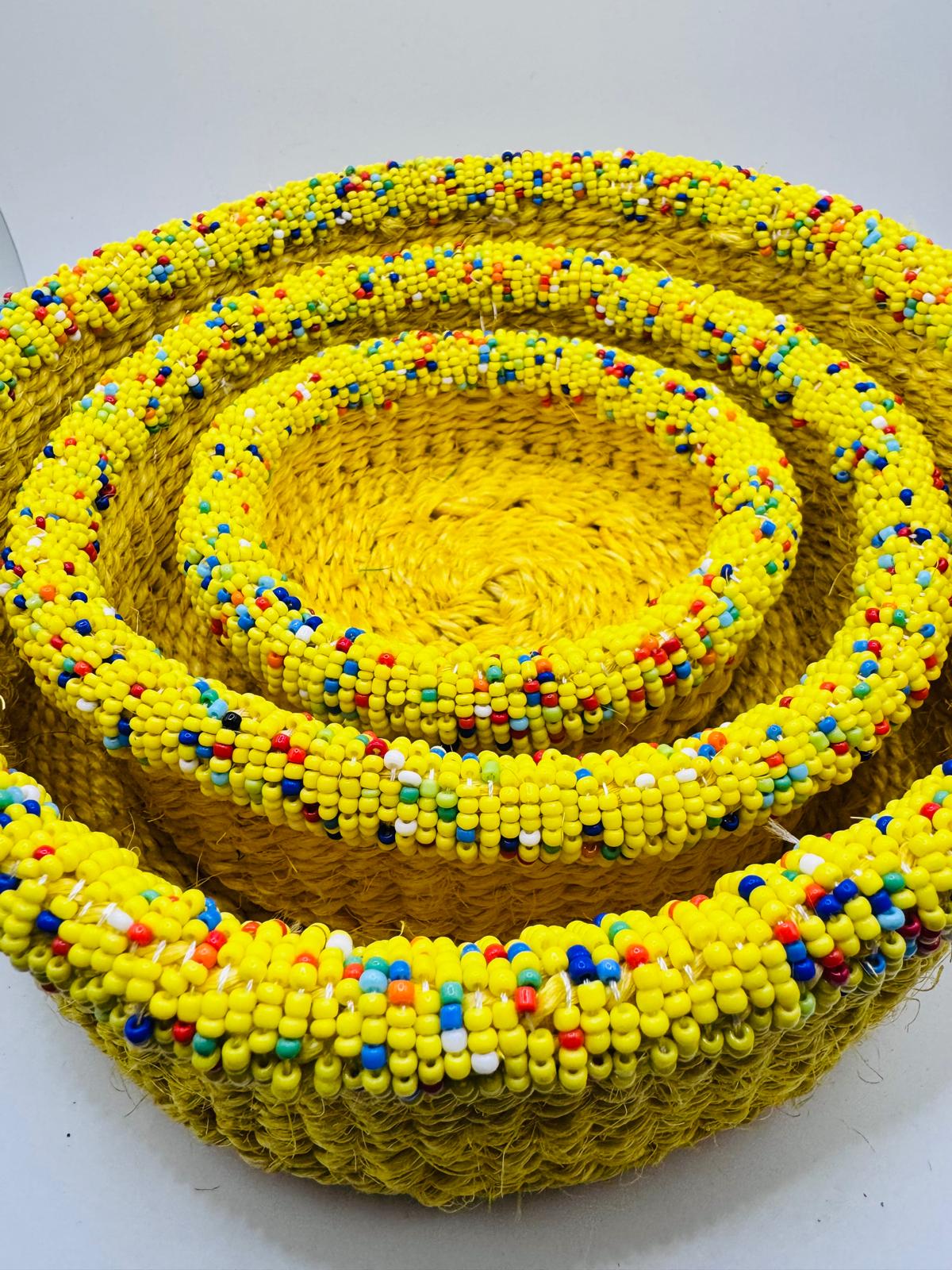 Yellow Beaded Woven Basket Set