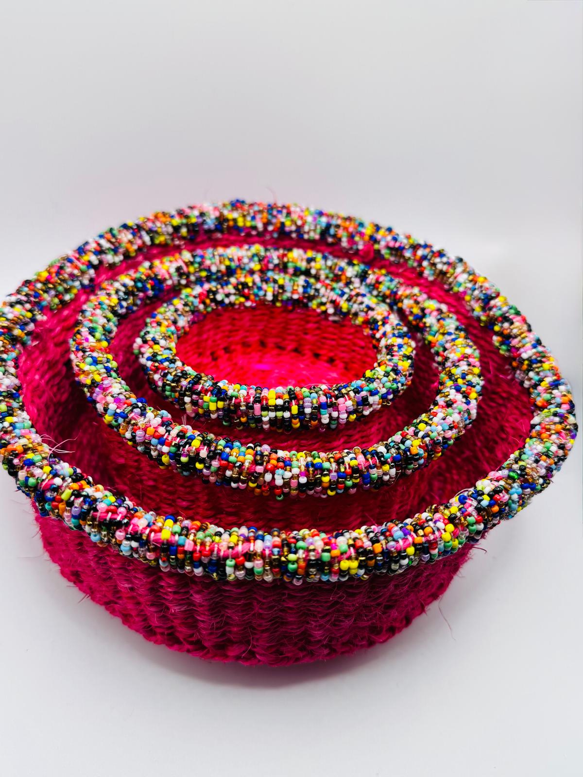 Rose Pink Multi-coloured Beaded Woven Basket Set