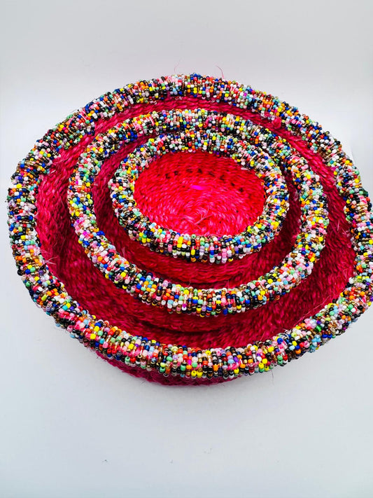 Rose Pink Multi-coloured Beaded Woven Basket Set
