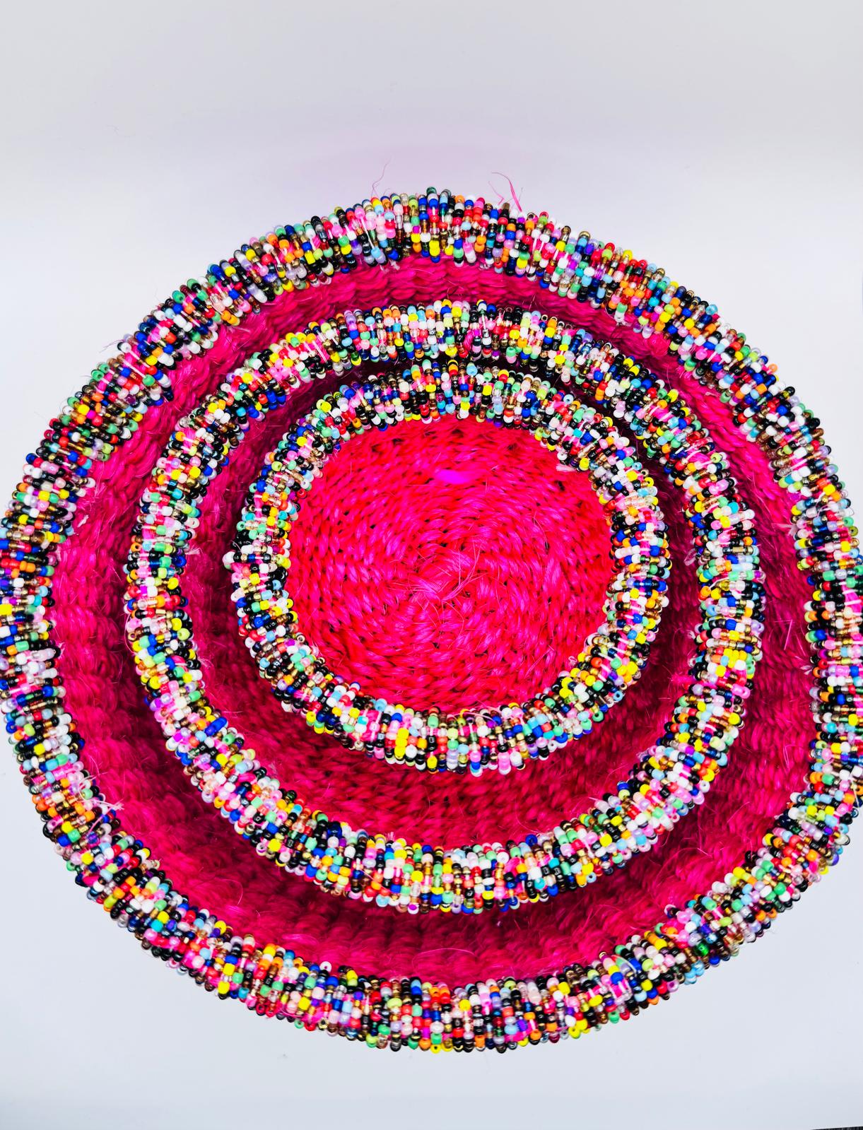 Rose Pink Multi-coloured Beaded Woven Basket Set