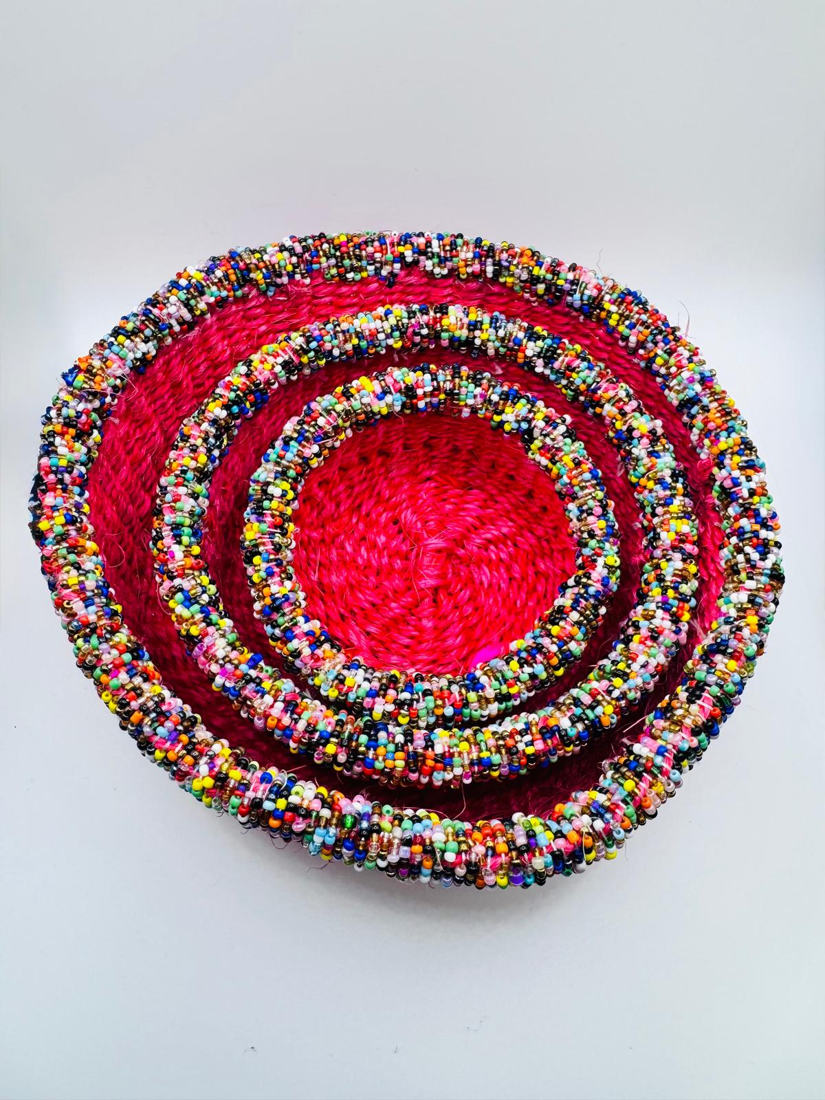 Rose Pink Multi-coloured Beaded Woven Basket Set