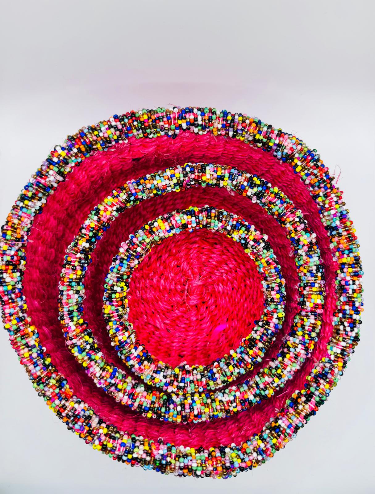 Rose Pink Multi-coloured Beaded Woven Basket Set