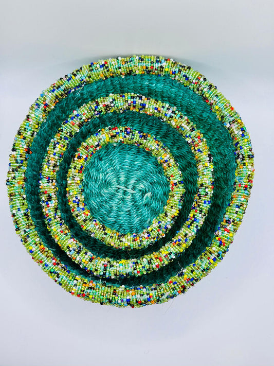 Olive Green Woven Beaded Basket Set