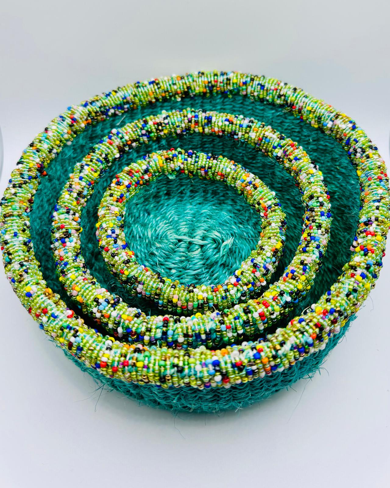 Olive Green Woven Beaded Basket Set