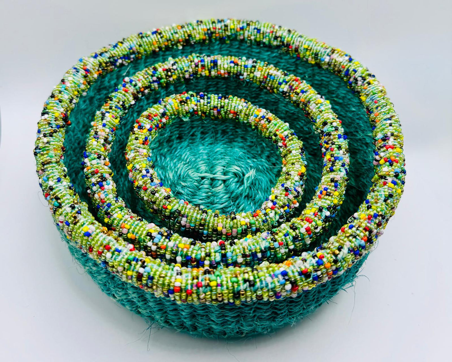 Olive Green Woven Beaded Basket Set