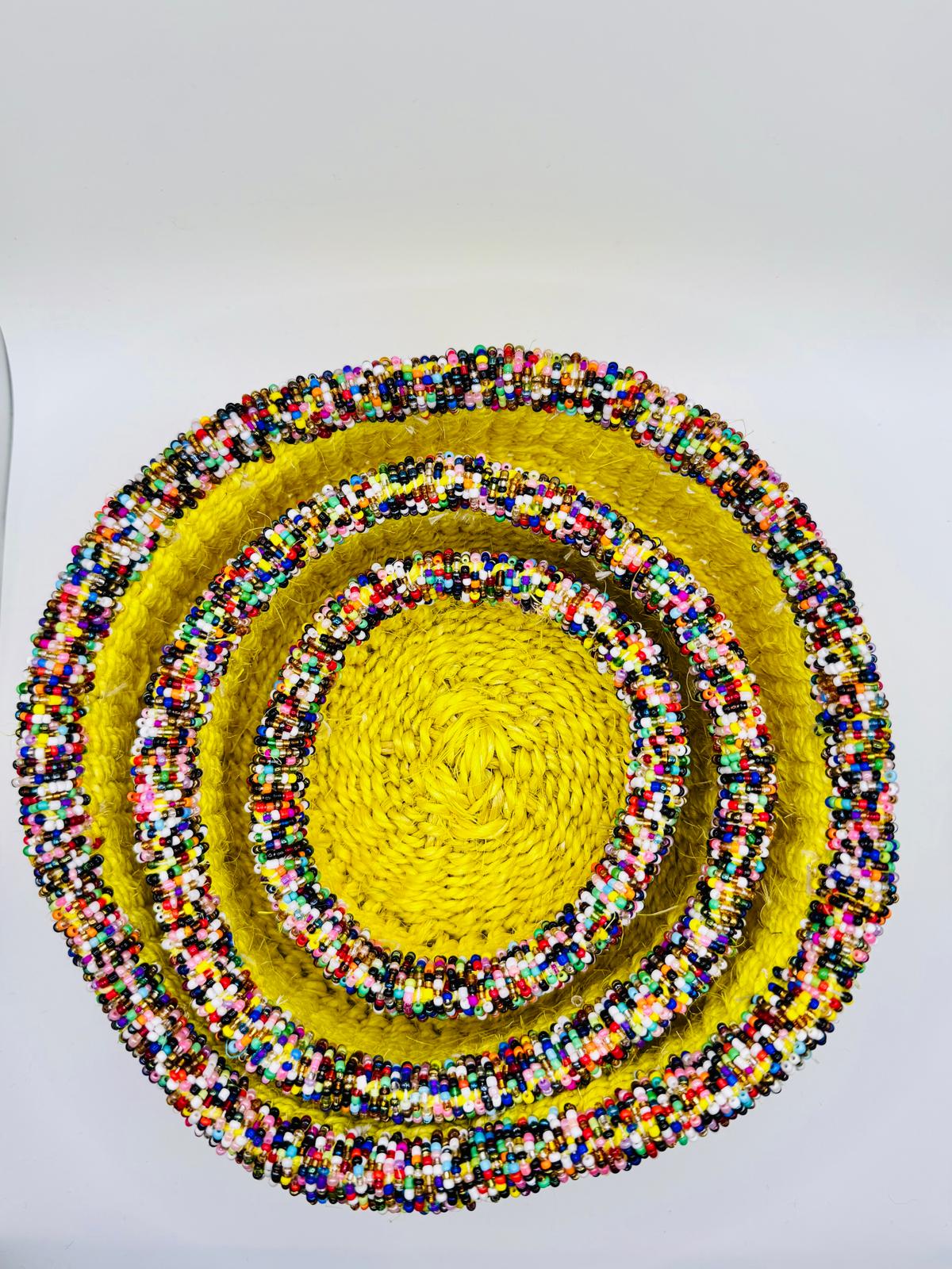 Yellow Multicoloured Beaded Woven Basket Set