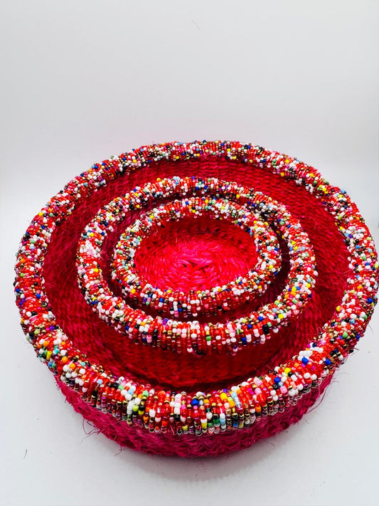 Pink Beaded Woven Basket Set