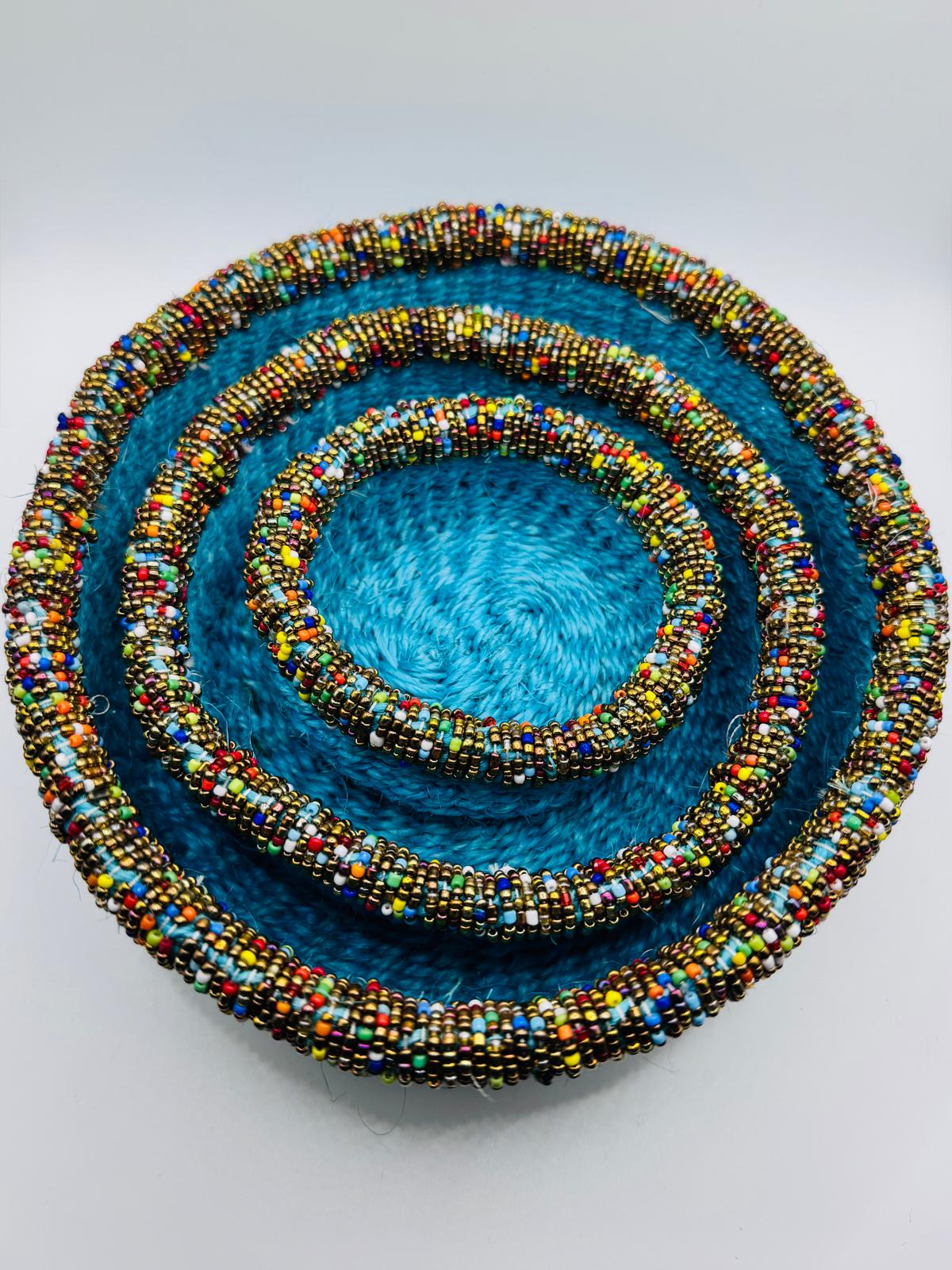 Bleu Multicoloured Beaded Woven Basket Set