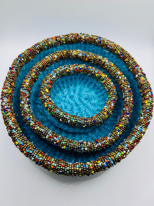 Bleu Multicoloured Beaded Woven Basket Set