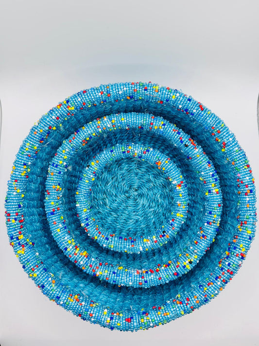 Oceanic Blue Beaded Woven Basket Set