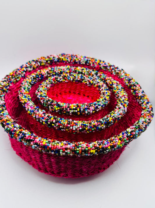 Rose Pink Multi-coloured Beaded Woven Basket Set