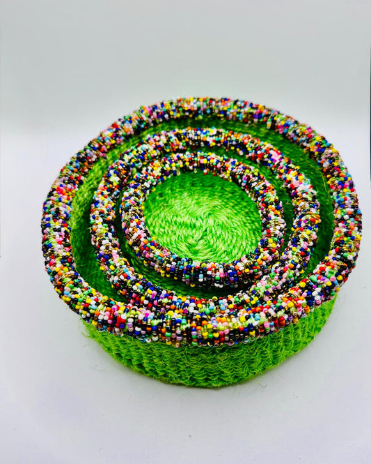 Olive Green Woven Beaded Basket Set